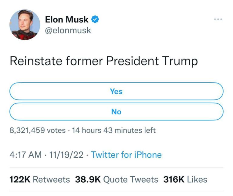 درباره این مقاله بیشتر بخوانید ⭕️ایلان ماسک برای برگرداندن حساب توییتر دونالد ترامپ نظرسنجی برگزار کرد