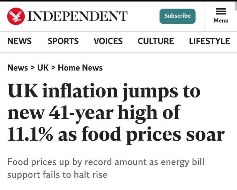 درباره این مقاله بیشتر بخوانید نرخ تورم انگلیس به بالاترین حد در 41 سال گذشته یعنی 11.1 درصد رسید.