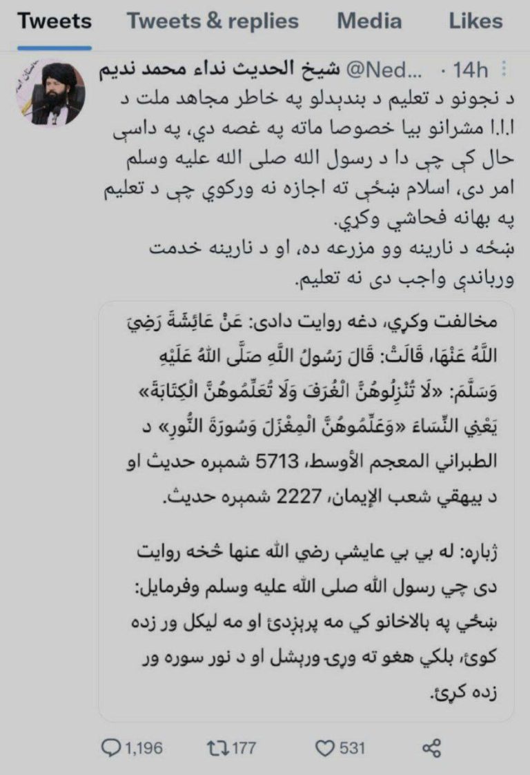 درباره این مقاله بیشتر بخوانید وزیر تحصیلات عالی طالبان درباره تحصیل دختران: «…جلوگیری از آموزش دختران، دستور پیامبر است. زن کشت‌زار مرد است و بر زن واجب است که در خدمت مرد باشد، نه اینکه آموزش ببیند…»