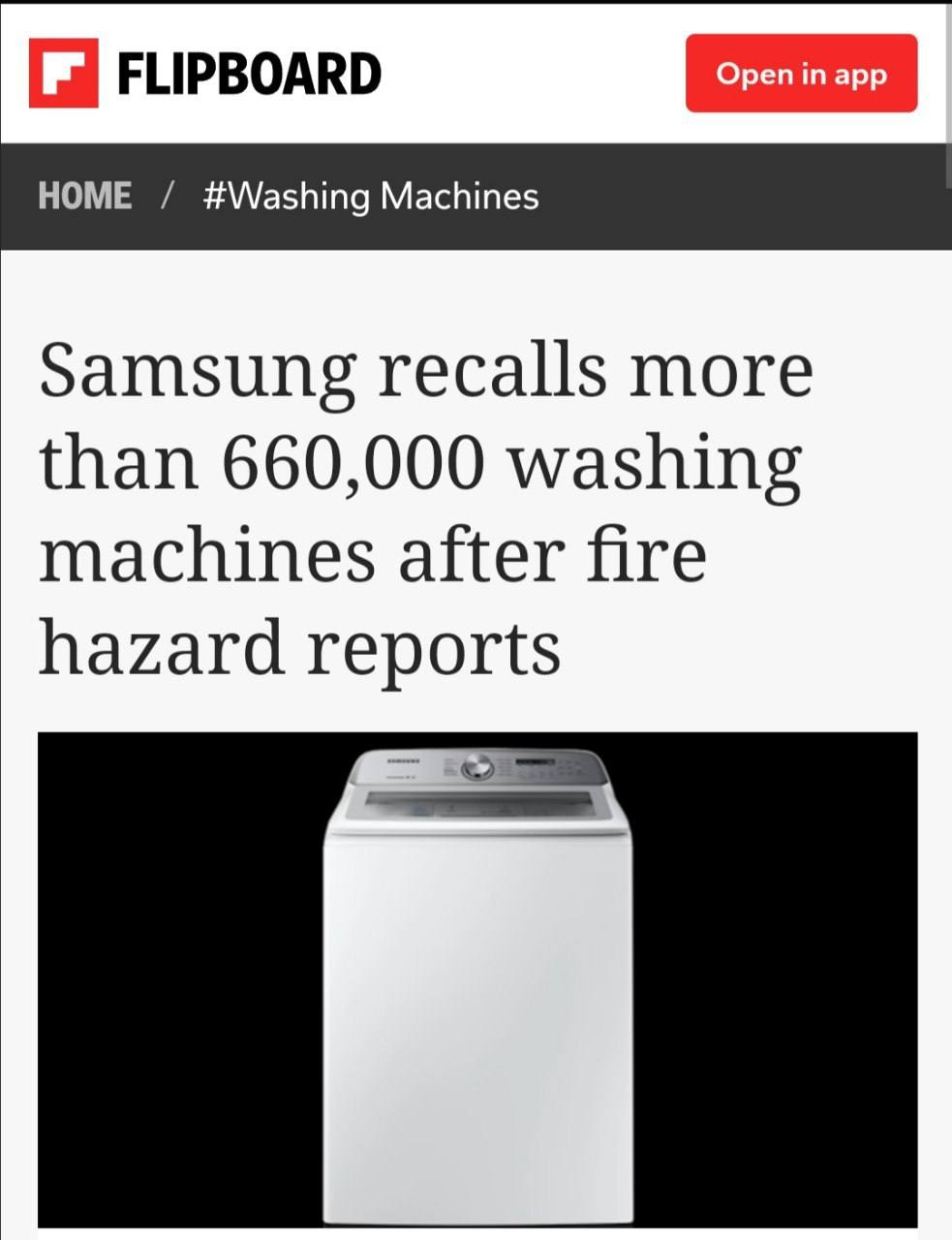 Samsung recalls more than 660,000 washing machines after fire