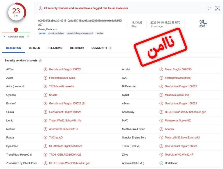 درباره این مقاله بیشتر بخوانید «رادار بازی»،سرویس ارائه شده وزارت ارتباطات توسط ۲۳ آنتی ویروس مخرب شناخته شد!