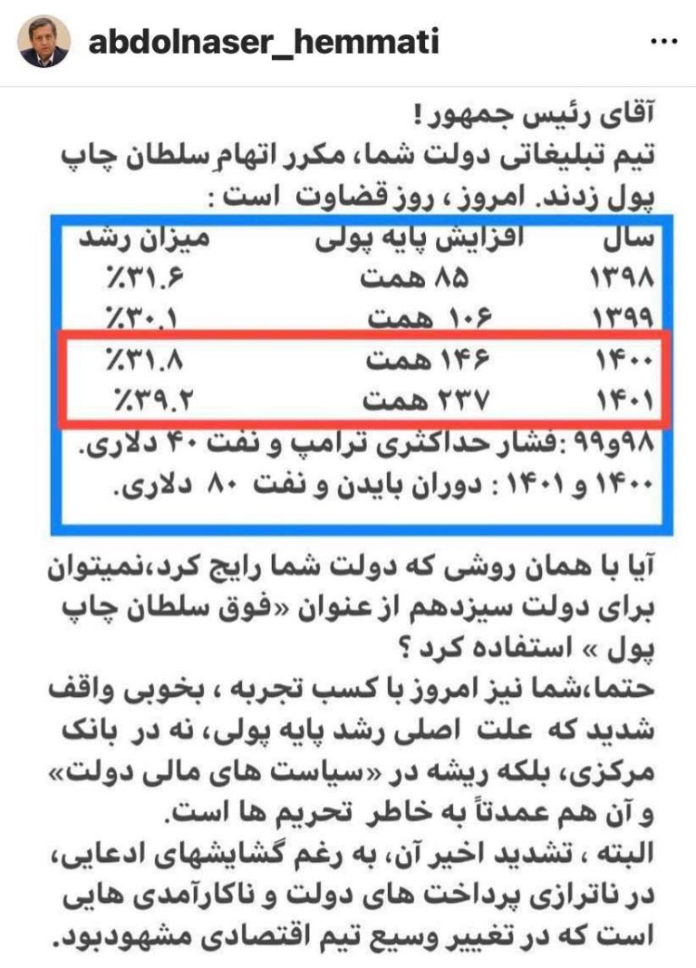 درباره این مقاله بیشتر بخوانید ✍ همتی خطاب به دولت سیزدهم: به همان شیوه که دولت شما رایج کرد؛ فوق سلطان چاپ پول هستید!