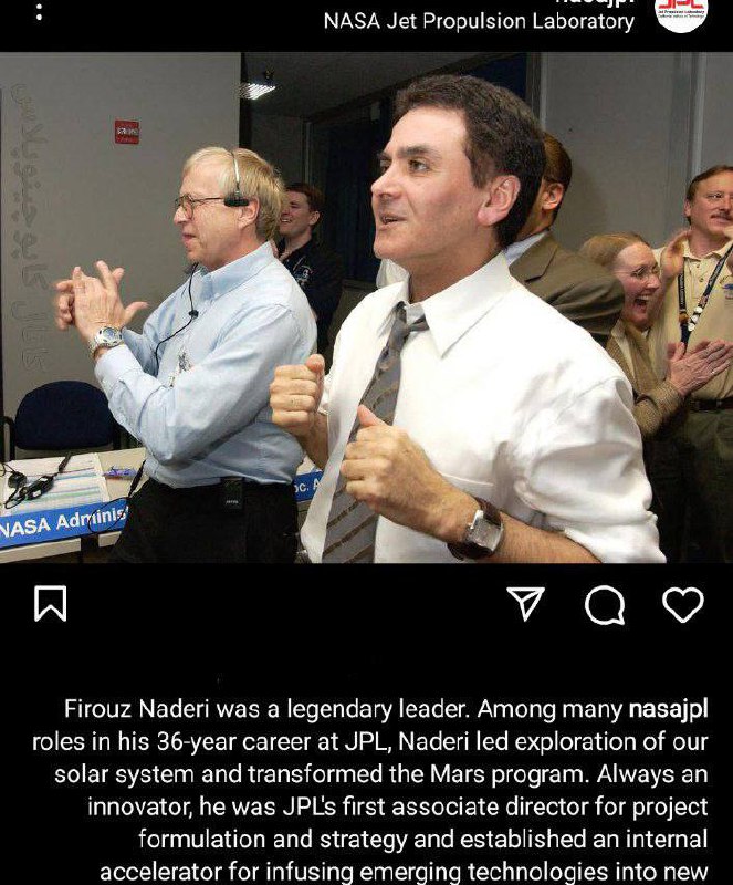 درباره این مقاله بیشتر بخوانید پست اینستاگرامی آزمایشگاه پیش رانش جت ناسا (JPL) به خاطر درگذشت دکتر نادری