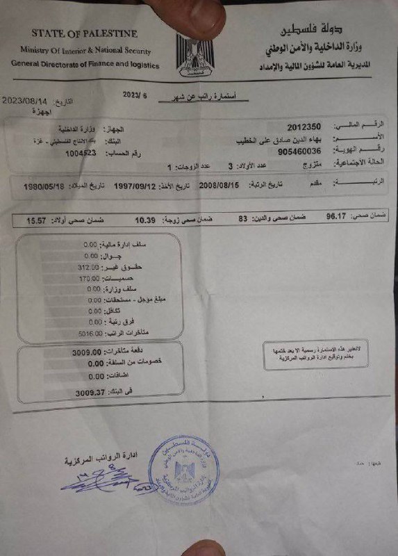 درباره این مقاله بیشتر بخوانید حقوق بهاءالدین صادق علی خطیب سرهنگ دوی حماس، متولد ۱۳۵۹ با زن و سه بچه (تو فیش تعداد همسران رو هم نوشته) که پدر و مادرش رو هم علاوه بر خانوادهٔ خودش بیمه کرده: ۱۲۵۰ دلار یا ۶۴ میلیون تومن