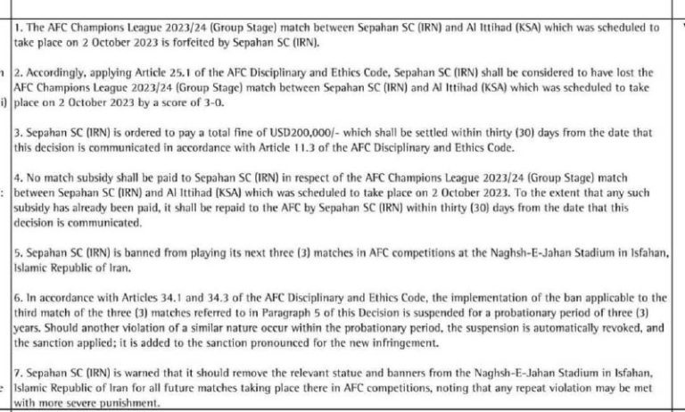 درباره این مقاله بیشتر بخوانید بند ۷ رأی AFC درباره بازی سپاهان و الاتحاد: به باشگاه سپاهان اخطار می شود که مجسمه (قاسم سلیمانی) و بنرهای مربوطه را از ورزشگاه نقش جهان اصفهان بردارد!