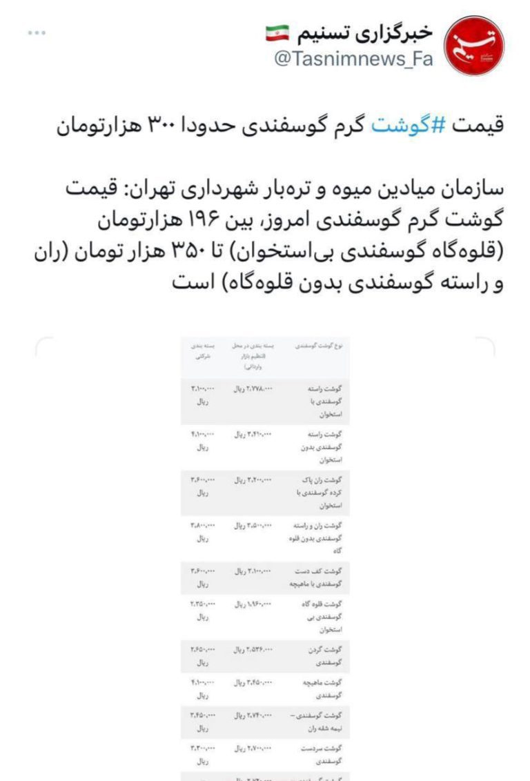 درباره این مقاله بیشتر بخوانید در حالیکه قیمت گوشت در اغلب مناطق تهران بین ۵۰۰ تا ۶۰۰ هزار تومان است خبرگزاری اصولگرا قیمت را ۳۰۰ هزار تومان اعلام کرده است! «احتمالا در قصابی‌های خیابان‌های سکونت مدیر این خبرگزاری!!»