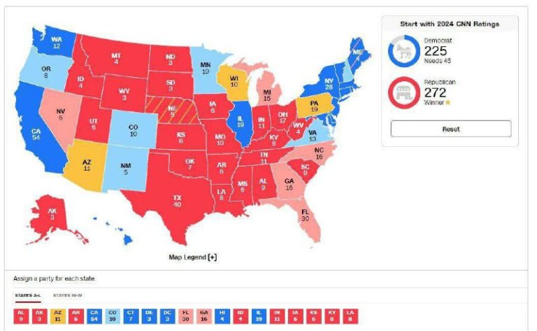 درباره این مقاله بیشتر بخوانید طبق آخرین نظرسنجی به سفارش سی ان ان که آنروز منتشر شد اگر امروز انتخابات آمریکا برگزار شود مطابق نقشه آرای الکترال