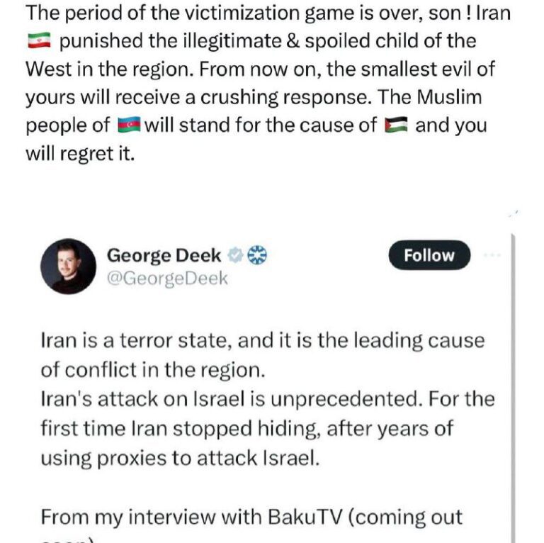 درباره این مقاله بیشتر بخوانید رجزخوانی حامیان حکومت پس از ترس اسرائیل از پاسخگویی، پاسخ سید عباس موسوی، سفیر ایران در جمهوری آذربایجان به توییت سفیر اسرائیل در باکو :