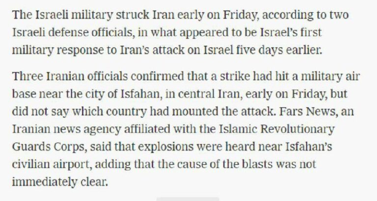 درباره این مقاله بیشتر بخوانید نیویورک تایمز گزارش داده است که نیروهای مسلح اسرائیل امروز صبح پایگاه هوایی نزدیک اصفهان را هدف قرار داده اند.