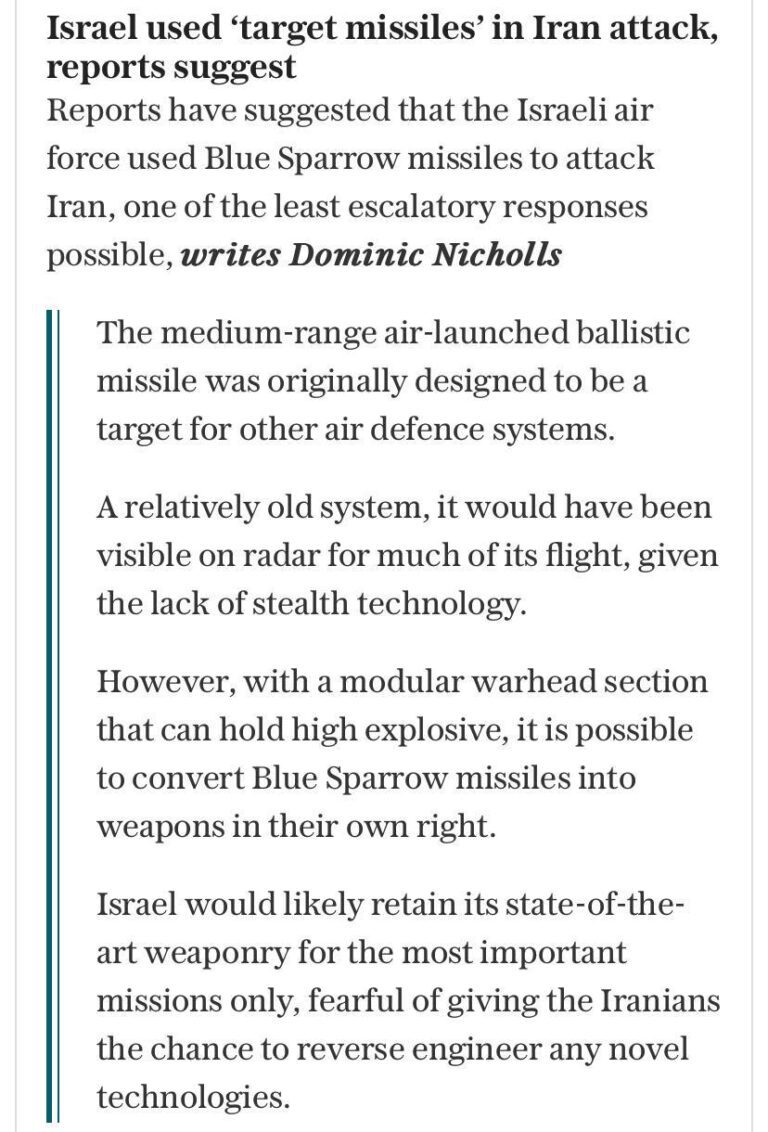 درباره این مقاله بیشتر بخوانید دیلی تلگراف مدعی شد که اسرائیل در حمله به ایران از موشک اسپارو آبی استفاده کرده است.