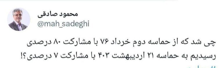 درباره این مقاله بیشتر بخوانید 📢 محمود صادقی: چی شد که از حماسه دوم خرداد ۷۶ با مشارکت ۸۰ درصدی رسیدیم به حماسه ۲۱ اردیبهشت ۴۰۳ با مشارکت ۷ درصدی؟!