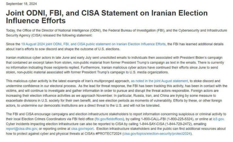 درباره این مقاله بیشتر بخوانید 🔴بیانیه کامل FBI درباره تلاش ایران برای کمک به کمپین بایدن و هریس