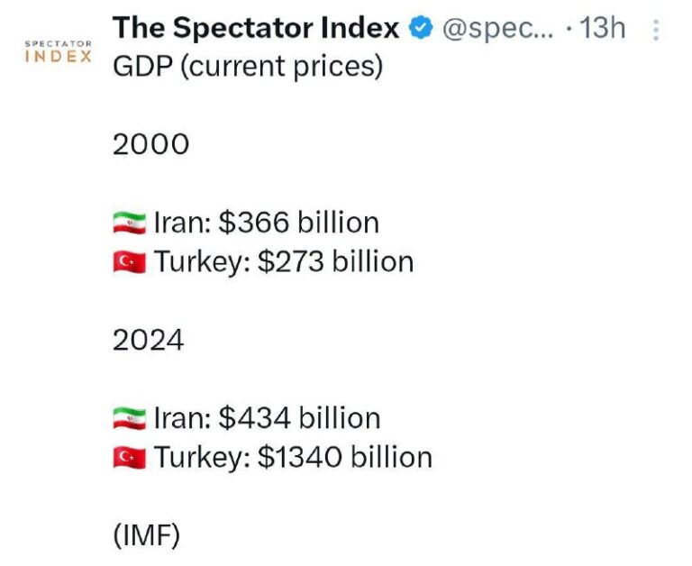 درباره این مقاله بیشتر بخوانید ‏تولید ناخالص داخلی، مهمترین مؤلفه ارزیابی اقتصاد کلان، نشان می‌دهد در کمتر از ۲۴سال ⁧ اقتصاد ⁩ایران که قبلا بزرگتر از ترکیه بوده، حالا یک‌سوم ترکیه شده است.