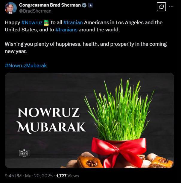 درباره این مقاله بیشتر بخوانید 🟣پیام تبریک نوروزی برد شرمن نماینده کنگره آمریکا از حزب دمکرات و حامی مبارزه مردم ایران برای آزادی