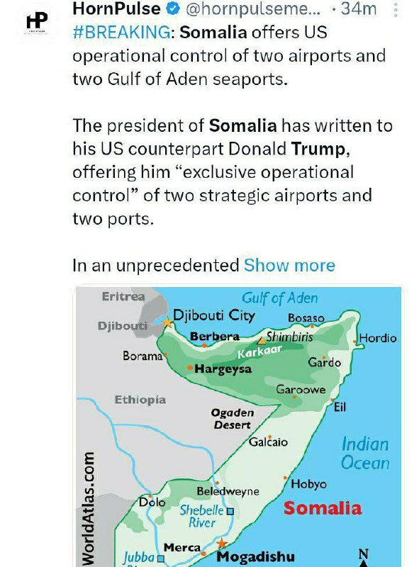 درباره این مقاله بیشتر بخوانید 🔴رئیس جمهور سومالی پیشنهاد کنترل دو بندر مهم را به ترامپ داد