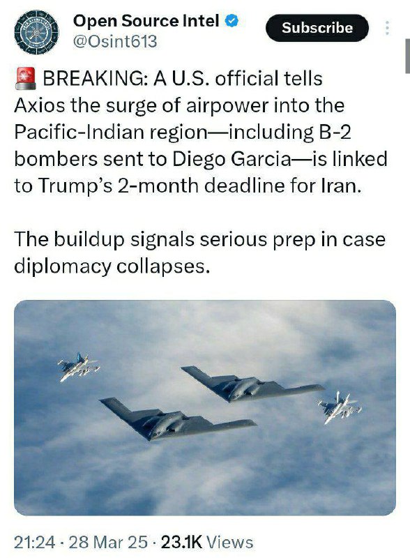 درباره این مقاله بیشتر بخوانید 🔴استقرار جنگنده های بمب افکن در دیگو گارسیا برای تهدید ایران