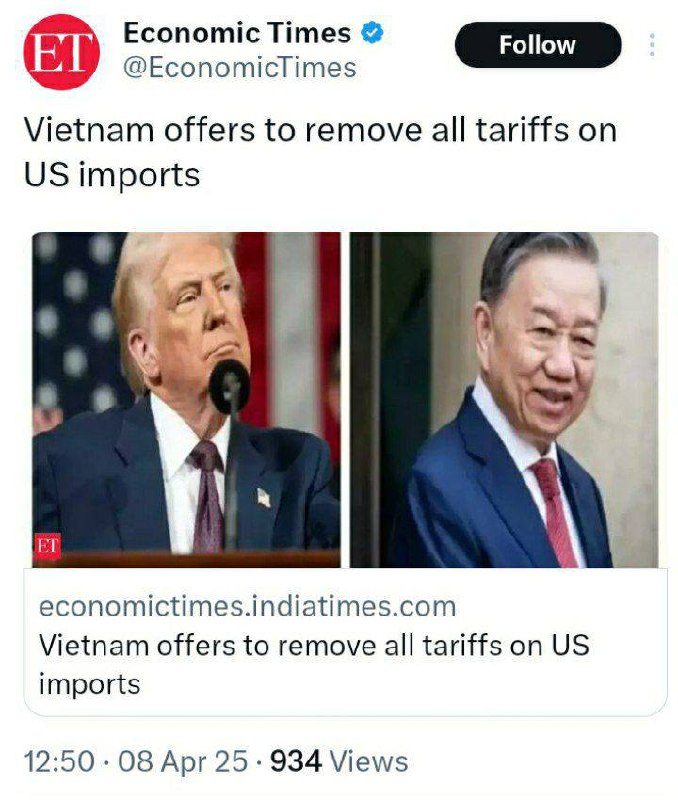 درباره این مقاله بیشتر بخوانید 🔴ویتنام به آمریکا پیشنهاد داد کلیه تعرفه ها را بر واردات کالای آمریکایی حذف می کند.