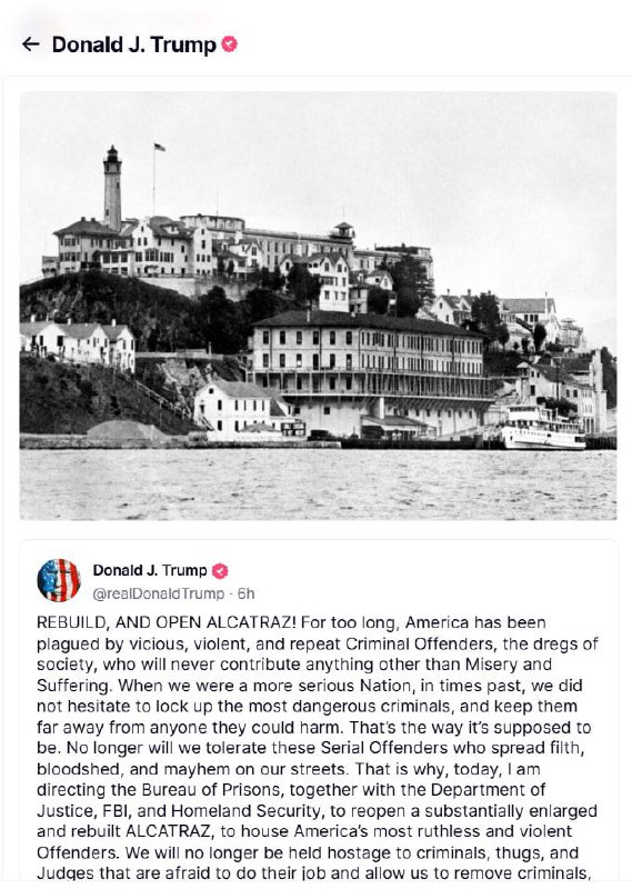 درباره این مقاله بیشتر بخوانید ترامپ دستور بازسازی و بازگشایی زندان «آلکاتراز» را صادر کرد
