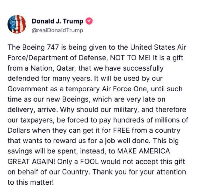 درباره این مقاله بیشتر بخوانید در پی انتقادهای شدید دموکرات‌ها و حتی برخی ماگاها به هدیه قطر به ترامپ او دقایقی پیش در یک پست در تروث نوشت: