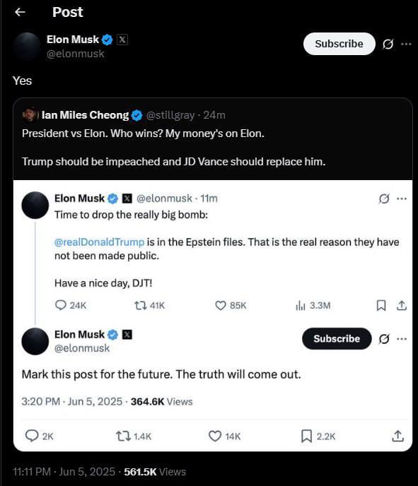 درباره این مقاله بیشتر بخوانید ایلان ماسک در واکنش به پستی که نوشته: رئیس جمهور در مقابل ایلان. چه کسی برنده می‌شود؟ من روی ایلان شرط می‌بندم. ترامپ باید استیضاح شود و جی دی ونس جایگزین او شود؛ نوشت: