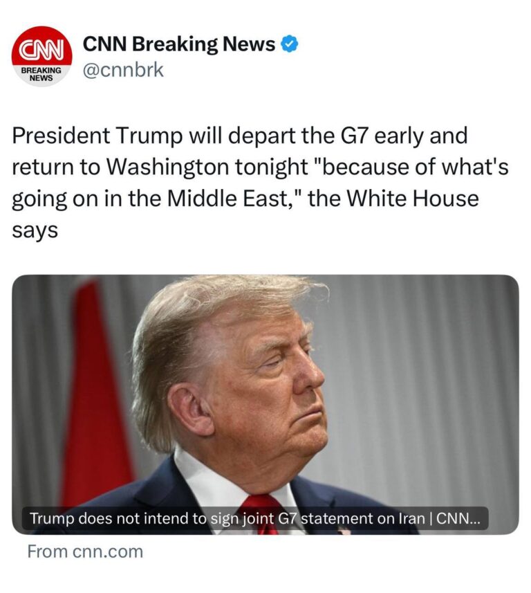 درباره این مقاله بیشتر بخوانید دونالد ترامپ رئیس جمهور آمریکا بە دلیل جنگ اسرائیل با جمهوری اسلامی نشست سران کشورهای ٧ را ترک و راهی واشنگتن شد