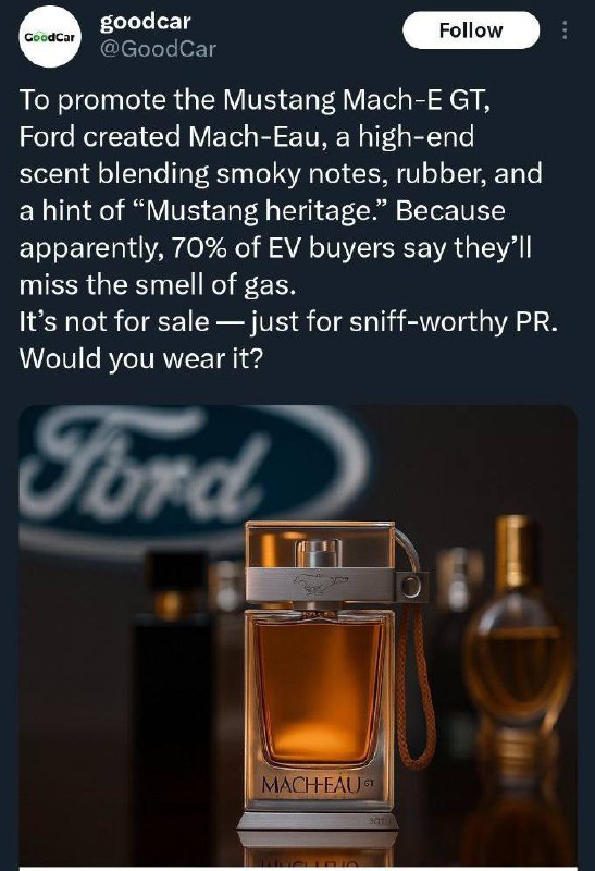 درباره این مقاله بیشتر بخوانید عطری با بوی بنزین؛ ایده تبلیغاتی عجیب فورد برای خودروی برقی