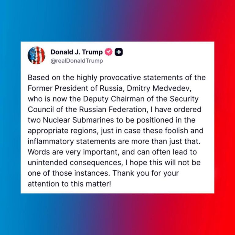 درباره این مقاله بیشتر بخوانید ترامپ: در واکنش به اظهارات تحریک‌آمیز مدودف، دستور استقرار دو زیردریایی هسته‌ای را صادر کردم