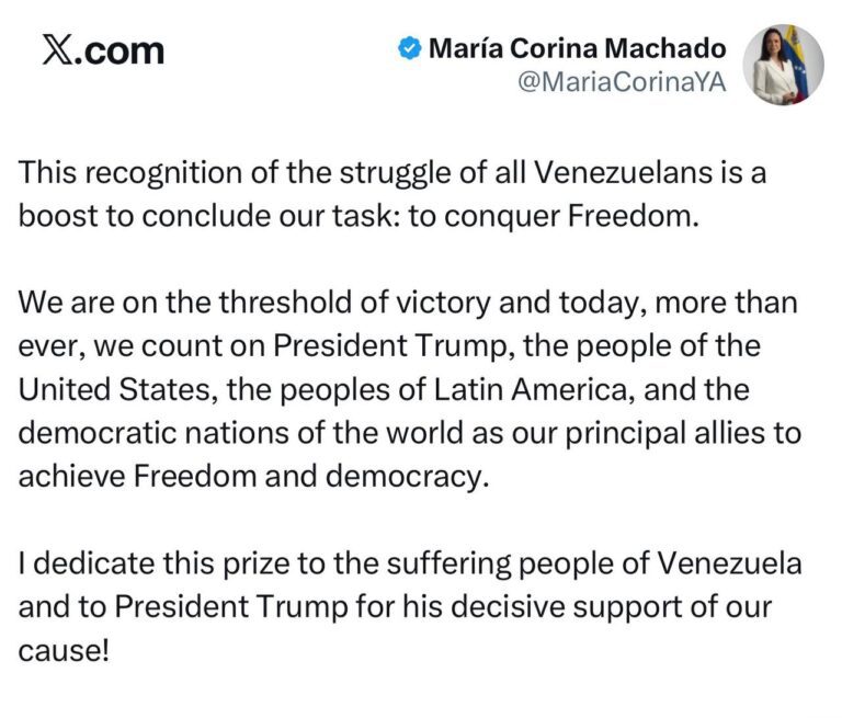 درباره این مقاله بیشتر بخوانید 🔴 ماچادو، برنده جایزه صلح نوبل: این جایزه را به ترامپ به خاطر حمایت قاطعش از آرمان ما تقدیم میکنم!