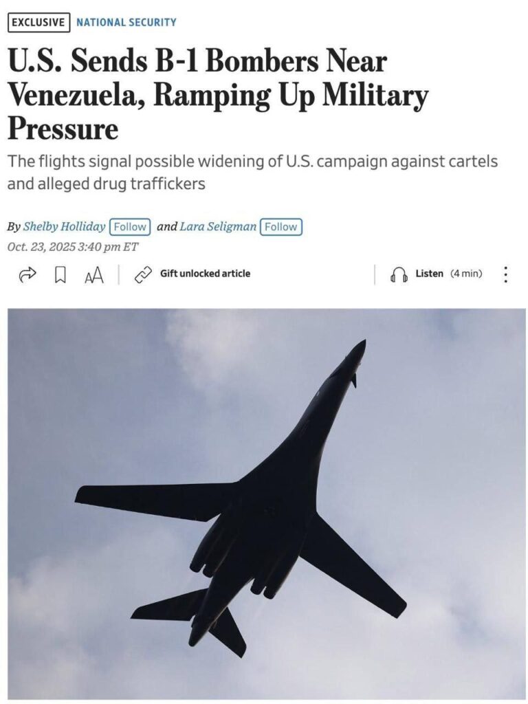 درباره این مقاله بیشتر بخوانید 🔴«ایالات متحده بمبافکنهای B-1 را به نزدیکی ونزوئلا اعزام کرد و فشار نظامی خود را افزایش داد.