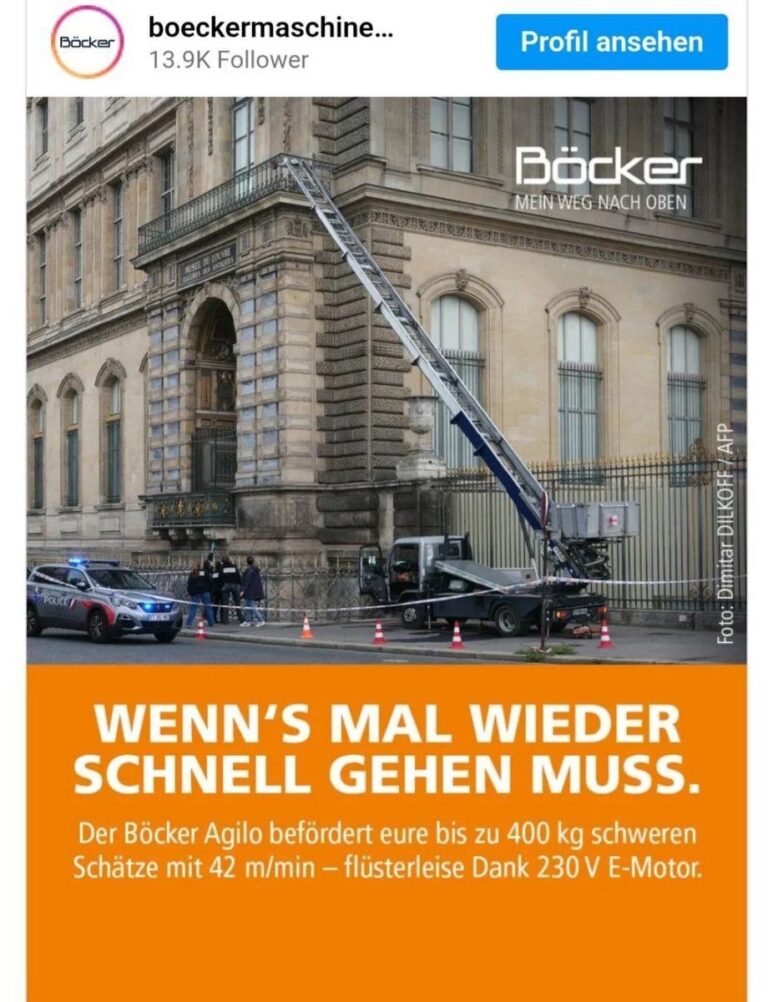 درباره این مقاله بیشتر بخوانید نردبانی که دزدهای لوور استفاده کرده بودند ساخت یک شرکت آلمانیه که حالا تصویر دزدی را برای تبلیغ در صفحه اش گذاشته و نوشته «وقتی باید سریع انجام بشه».