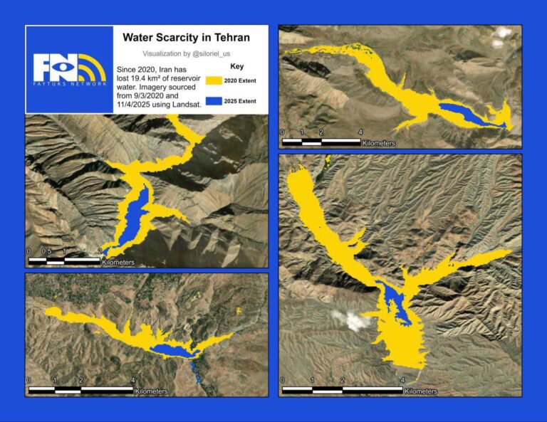 درباره این مقاله بیشتر بخوانید 🔴تصاویر ماهوارهای نشان میدهد که مخازن آب تهران از سال ۲۰۲۰ بیش از ۱۹.۴ کیلومتر مربع آب از دست دادهاند