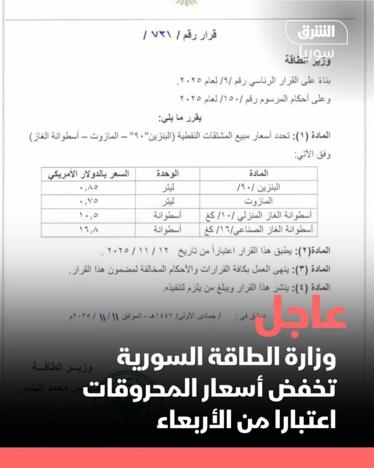 درباره این مقاله بیشتر بخوانید 🔴دولت سوریه قیمت بنزین و گاز را ۱۵ درصد ارزان کرد.
