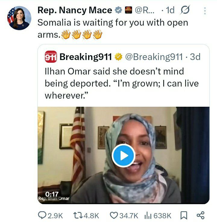 درباره این مقاله بیشتر بخوانید 🔴نانسی میس نماینده جمهوریخواه مجلس آمریکا به ایلهان عمر: