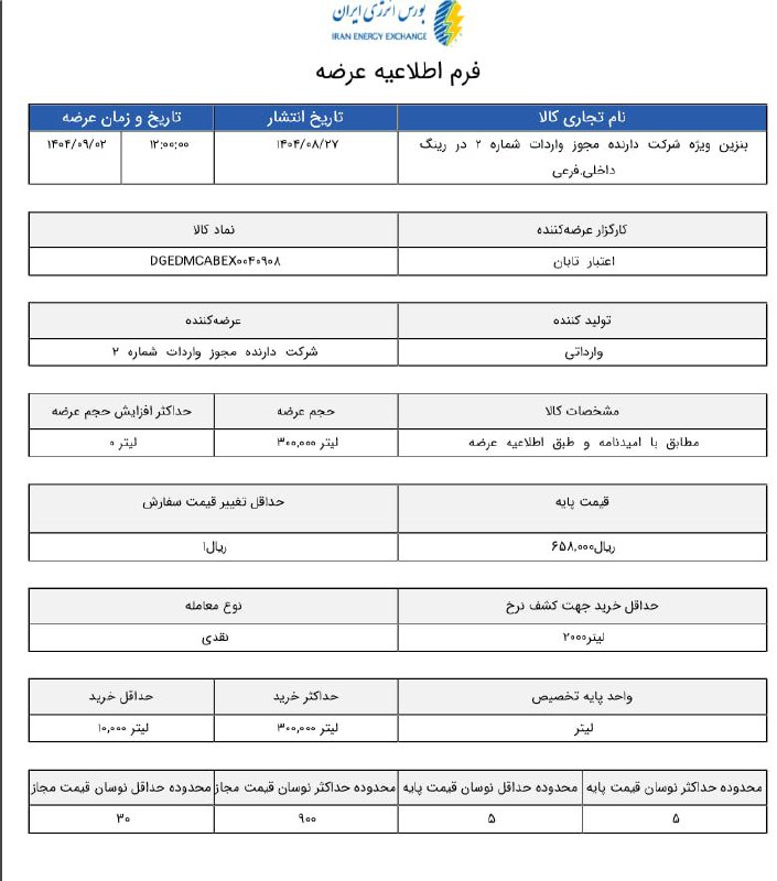 درباره این مقاله بیشتر بخوانید 🔴 بنزین سوپر در بورس انرژی هر لیتر ۷۵ هزار تومان آگهی شد