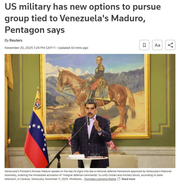 درباره این مقاله بیشتر بخوانید 🔴 خبرگزاری رویترز گزارش داد که رئیسجمهور ترامپ گروه «کارتل دِ لوس سولس»، که گفته میشود به رئیسجمهور ونزوئلا، نیکلاس مادورو، مرتبط است، را بهعنوان یک سازمان تروریستی خارجی معرفی میکند. این اقدام از روز دوشنبه اجرایی خواهد شد و به پنتاگون ابزارهای قانونی جدید میدهد.