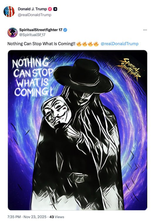 درباره این مقاله بیشتر بخوانید 🔴ترامپ در صفحه اجتماعی Truth Social فیلم «وی مثل وندتا» (V for Vendetta) را منتشر کرد.