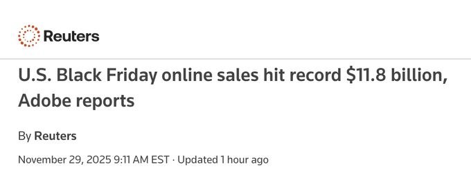 درباره این مقاله بیشتر بخوانید 🔴جالب است بدانید آمریکاییها در بلک فرایدی ۱۱.۸ میلیارد دلار به صورت آنلاین خرج کردند که رکورد جدیدی محسوب میشود و نسبت به سال گذشته ۹.۱ درصد افزایش یافته است.