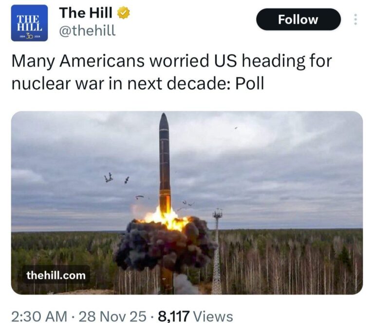 درباره این مقاله بیشتر بخوانید 🔴 نشریه هیل به نقل از موسسه پیو گزارش داد که بیشتر از نصف مردم #آمریکا (۵۳ درصد) معتقدن که خطر وقوع یک جنگ هستهای در دهه آینده جدی هست.