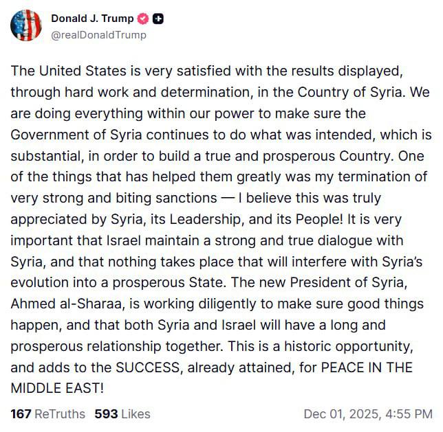 درباره این مقاله بیشتر بخوانید 🔴ترامپ میگوید از وضعیت سوریه بسیار «راضی» است و بر «اهمیت» این موضوع تأکید میکند که اسرائیل در آیندهٔ نزدیک باید روابط خوبی با دولت الشرع داشته باشد: