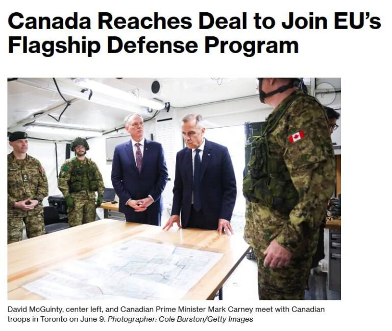 درباره این مقاله بیشتر بخوانید 🔴 کانادا به توافقی دست یافته تا به صندوق تأمین نظامی ۱۵۰ میلیارد یورویی «SAFE» اتحادیه اروپا بپیوندد و اولین عضو غیراروپایی باشد که این کار را انجام میدهد، هرچند هزینه دسترسی هنوز مشخص نیست.