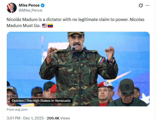 درباره این مقاله بیشتر بخوانید 🟣مایک پنس معاون پیشین رئیس جمهور آمریکا، مادرو رئیس جمهور ونزوئلا و متحد رژیم آخوندی را دیکتاتور خواند و خواهان رفتن او شد