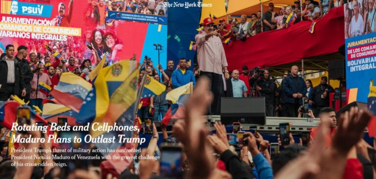 درباره این مقاله بیشتر بخوانید 🔴 رئیسجمهور ونزوئلا، نیکلاس مادورو، بنا بر گزارش نیویورکتایمز، تدابیر امنیت شخصی خود را افزایش داده و در سایهٔ نگرانی از اقدام نظامی احتمالی آمریکا، وابستگی بیشتری به کوبا پیدا کرده است.