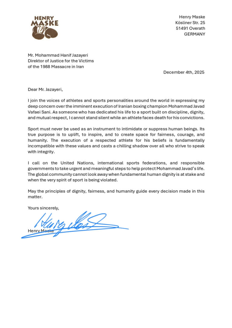 درباره این مقاله بیشتر بخوانید 🟣هنری ماسکه، قهرمان سابق بوکس IBF و دارنده مدال طلای المپیک، از سازمان ملل و فدراسیونهای بینالمللی ورزش میخواهد تا ایران را برای توقف اعدام بوکسور محمدجواد وفاییثانی تحت فشار قرار دهند.